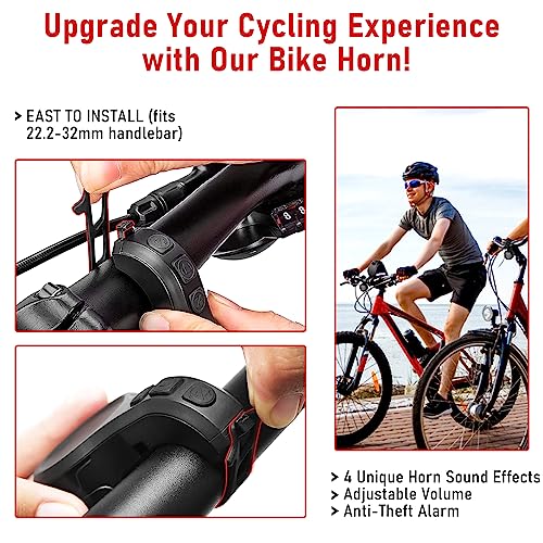 Upgraded in 2023-Electric Bike Horn with 4 Unique Ring Tones- Adjustable 80-130DB, USB Rechargeable, Waterproof Bicycle Accessories for Adults and Kids - Mountain Bike Bells Whistle
