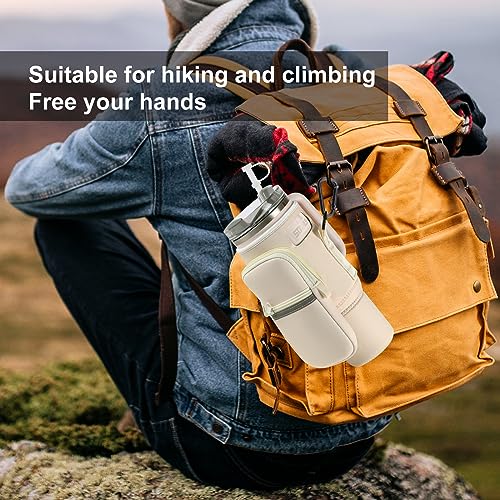 Water Bottle Holder with Strap for Stanley 40oz Tumbler with Handle, Water Bottle Carrier Bag with Phone Pocket, Tumbler Accessories for Stanley, Water Bottle Sleeve for Walking Hiking Camping(Cream)