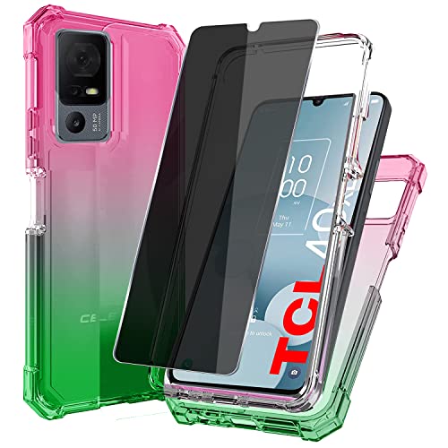 Zeking Case for TCL 40 XL/40T T608DL Case with Privacy Screen Protector, 2 Layer Structure Protection, Shockproof Corner Armor Bumper Phone Cover for TCL 40XL/40T T608DL 6.75" 2023(Pink-Green)