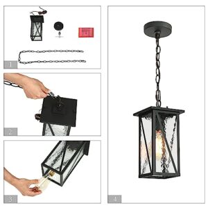 Outdoor Pendant Light Fixture, Farmhouse Exterior Hanging Lights with Water Ripple Glass, Black Ceiling Outdoor Rectangle Hanging Lantern Light for Front Door, Entry, Porch, and Gazebo