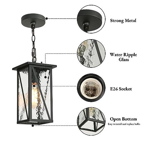 Outdoor Pendant Light Fixture, Farmhouse Exterior Hanging Lights with Water Ripple Glass, Black Ceiling Outdoor Rectangle Hanging Lantern Light for Front Door, Entry, Porch, and Gazebo