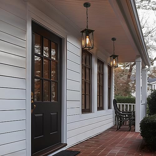 Outdoor Pendant Light Fixture, Farmhouse Exterior Hanging Lights with Water Ripple Glass, Black Ceiling Outdoor Rectangle Hanging Lantern Light for Front Door, Entry, Porch, and Gazebo