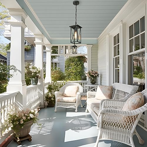Outdoor Pendant Light Fixture, Farmhouse Exterior Hanging Lights with Water Ripple Glass, Black Ceiling Outdoor Rectangle Hanging Lantern Light for Front Door, Entry, Porch, and Gazebo
