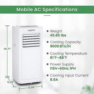 Waykar 9,000 BTU Portable Air Conditioner up to 450 Sq. Ft with Dehumidifier and Fan Mode, 3-in-1 Room AC with Drain Hose, 24Hrs Timer, Installation Kit for Home Office
