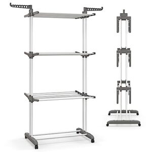 tangkula 4-tier clothes drying rack, collapsible laundry rack stand with 2 hanger holders, 3 tier retractable trays, 1 bottom shoe rack, movable garment drying station with 4 castors (silver)