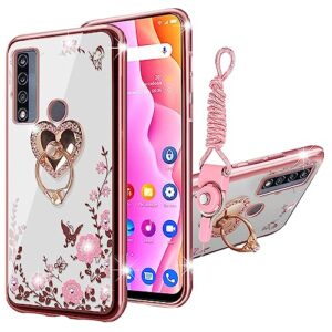 kudini for tcl 4x 5g (t601dl) case, alcatel tcl 20a 5g (t768s) case for women glitter crystal soft bling butterfly heart floral clear protective cover with kickstand+strap for tcl 4x 5g (rose gold)