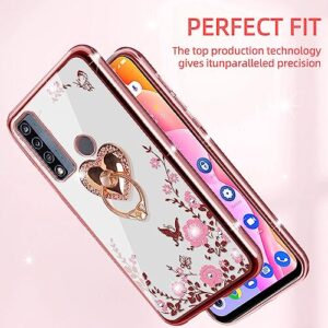 KuDiNi for TCL 4X 5G (T601DL) Case, Alcatel TCL 20A 5G (T768S) Case for Women Glitter Crystal Soft Bling Butterfly Heart Floral Clear Protective Cover with Kickstand+Strap for TCL 4X 5G (Rose Gold)