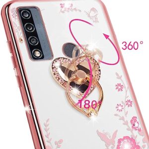 KuDiNi for TCL 4X 5G (T601DL) Case, Alcatel TCL 20A 5G (T768S) Case for Women Glitter Crystal Soft Bling Butterfly Heart Floral Clear Protective Cover with Kickstand+Strap for TCL 4X 5G (Rose Gold)