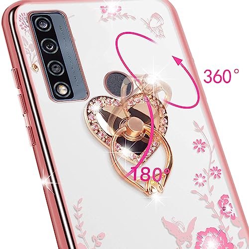 KuDiNi for TCL 4X 5G (T601DL) Case, Alcatel TCL 20A 5G (T768S) Case for Women Glitter Crystal Soft Bling Butterfly Heart Floral Clear Protective Cover with Kickstand+Strap for TCL 4X 5G (Rose Gold)