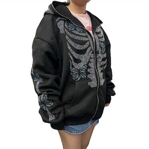 karwuiio women rhinestone full zip up hoodies spider skeleton print sweatshirt y2k gothic oversized jackets (black-b, xxxl)
