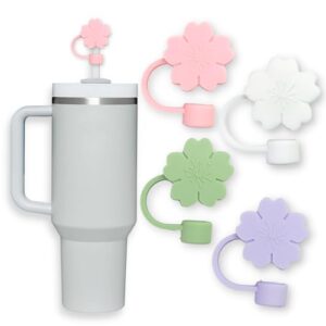 4pcs 10mm flower straw covers compatible with stanley 30&40 oz tumbler, flower cute shape straw toppers reusable straw protectors cap for 10mm straws