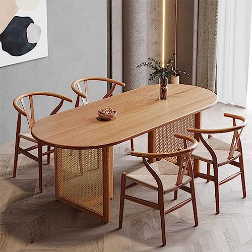 Solid Wood Oval Dining Table Farmhouse Wooden Mid-Century Modern Kitchen Dining Room Table with Rattan Double Pedestal | Elegant Furniture for Stylish Home Décor