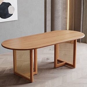 Solid Wood Oval Dining Table Farmhouse Wooden Mid-Century Modern Kitchen Dining Room Table with Rattan Double Pedestal | Elegant Furniture for Stylish Home Décor