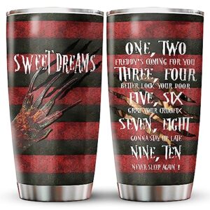 34hd halloween gifts for horror fans, freddy tumbler stainless steel with lid 20 oz, horror character coffee mug, freddy's coming cup, birthday gifts for movie lovers