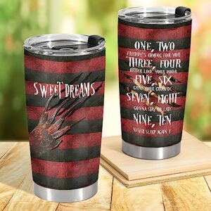 34HD Halloween Gifts for Horror Fans, Freddy Tumbler Stainless Steel with Lid 20 oz, Horror Character Coffee Mug, Freddy's Coming Cup, Birthday Gifts for Movie Lovers