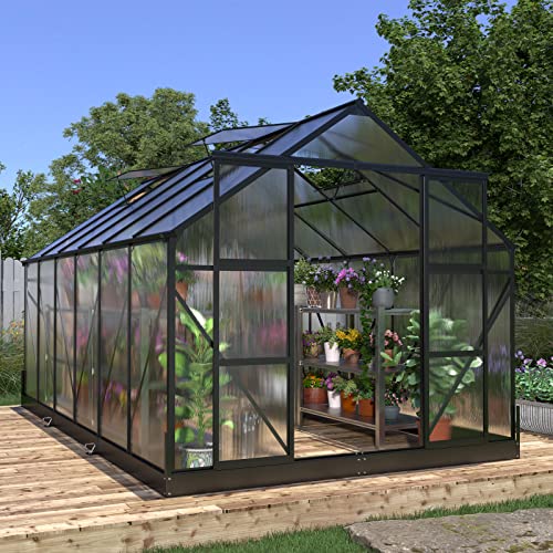 AMERLIFE 8x14x7.5 FT Polycarbonate Greenhouse 2 Sliding Doors 4 Vent Window Walk-in Premium Greenhouse Storage Shed Sunroom Aluminum Large Sun House for Outdoor Garden Backyard, Matte Black