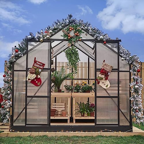 AMERLIFE 8x14x7.5 FT Polycarbonate Greenhouse 2 Sliding Doors 4 Vent Window Walk-in Premium Greenhouse Storage Shed Sunroom Aluminum Large Sun House for Outdoor Garden Backyard, Matte Black