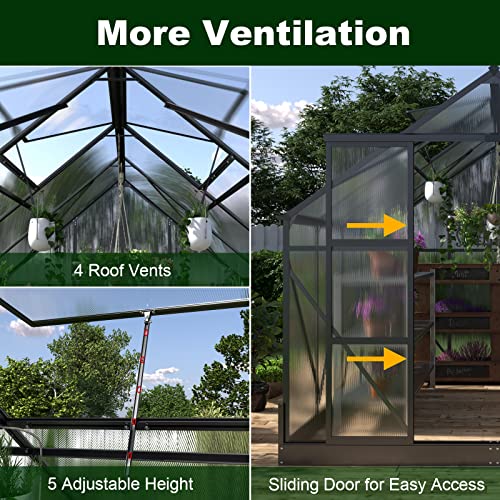 AMERLIFE 8x14x7.5 FT Polycarbonate Greenhouse 2 Sliding Doors 4 Vent Window Walk-in Premium Greenhouse Storage Shed Sunroom Aluminum Large Sun House for Outdoor Garden Backyard, Matte Black