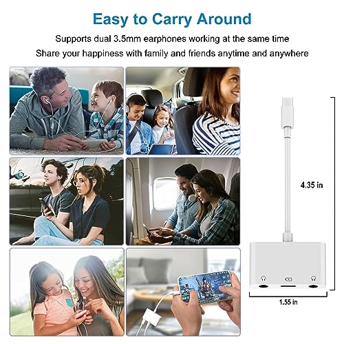 USB C to 3.5mm Headphone Splitter and Charger Adapter 3 in 1 USB C to Dual Earphone Jack with PD 60W Fast Charging Dongle Compatible with iPhone 15, iPad Pro, Samsung, Google Pixel