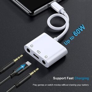 USB C to 3.5mm Headphone Splitter and Charger Adapter 3 in 1 USB C to Dual Earphone Jack with PD 60W Fast Charging Dongle Compatible with iPhone 15, iPad Pro, Samsung, Google Pixel