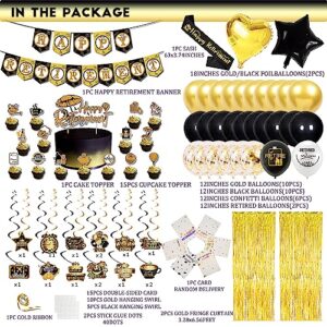 Sharonlily Premium Black and Gold Retirement Party Decorations, Super Value Pack of Happy Retirement Decoration Supplies, Hanging Swirls, Fringe Curtains, Balloons, Happy Retirement Banner, Sash, Card