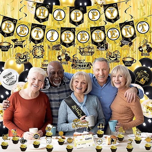 Sharonlily Premium Black and Gold Retirement Party Decorations, Super Value Pack of Happy Retirement Decoration Supplies, Hanging Swirls, Fringe Curtains, Balloons, Happy Retirement Banner, Sash, Card