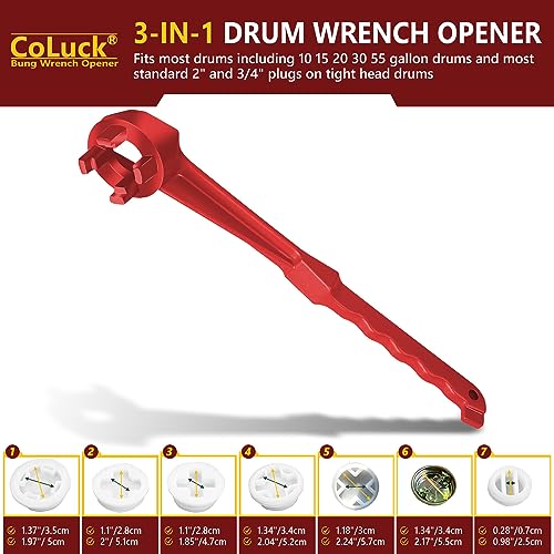 Bung Wrench, 3-in-1 Drum Wrench Upgraded, Aluminum Barrel Opener Tool for Opening 10 15 20 30 55 Gallon Drum, Fits 2" and 3/4" Bung Cap Red