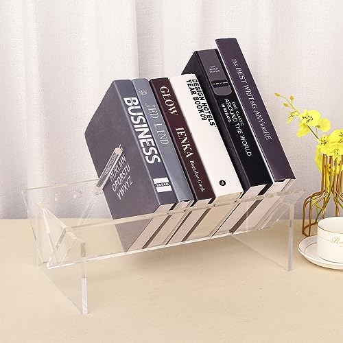 MoyRetty Clear Acrylic Desktop Bookshelf - Modern Book Storage Organizer with Tilted Shelves for Office and Home, Display Rack for CDs/Magazines/Books Style V