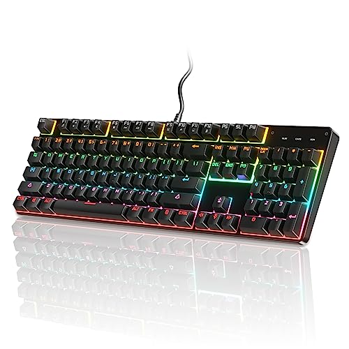 FAMOMI Mechanical Gaming Keyboard, 104 Keys LED Backlit Mechanical Feel Anti-ghosting Wired Full Size Keyboard with Blue Switch for Windows Laptop PC Mac (Black)