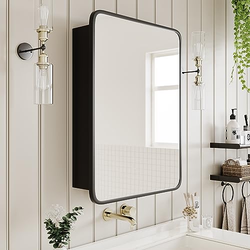 AGDULL Vintage-Style Bathroom Wood Wall Cabinet with Black Metal Frame Curved Mirror, Recessed Medicine Cabinet, Bathroom Storage Cabinet, Black, 17.5x29 Inch