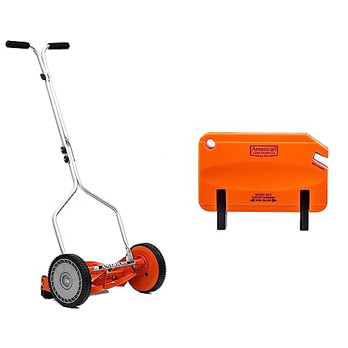 American Lawn Mower Company 1204-14 14-Inch 4-Blade Push Reel Lawn Mower, Red & Reel Lawn Mower Hand Sharpener for Great States, American Lawn Mower, Scotts, and Earthwise Reel Mowers, Orange