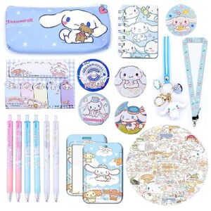 cute cinnamoroll school supplies set kawaii office supplies gift set including gel ink roller pens stickers pencil case id badge stickers button pins key chain phone chain phone ring holder
