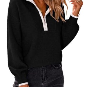 BTFBM Women's 2023 Fall Winter Half Zip Pullover Sweaters Casual V Neck Long Sleeve Ribbed Knit Loose Jumper Tops(Solid Black, Medium)