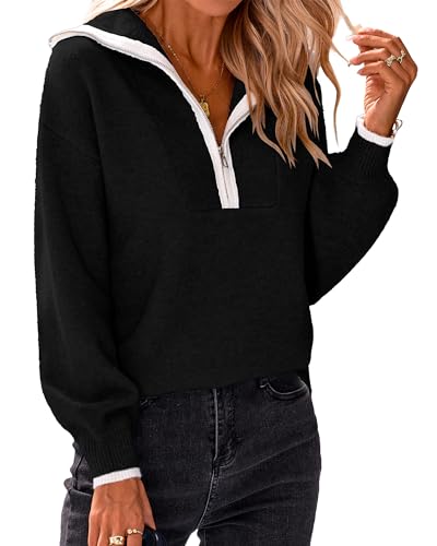 BTFBM Women's 2023 Fall Winter Half Zip Pullover Sweaters Casual V Neck Long Sleeve Ribbed Knit Loose Jumper Tops(Solid Black, Medium)