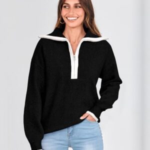 BTFBM Women's 2023 Fall Winter Half Zip Pullover Sweaters Casual V Neck Long Sleeve Ribbed Knit Loose Jumper Tops(Solid Black, Medium)