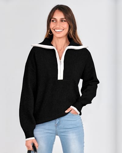 BTFBM Women's 2023 Fall Winter Half Zip Pullover Sweaters Casual V Neck Long Sleeve Ribbed Knit Loose Jumper Tops(Solid Black, Medium)