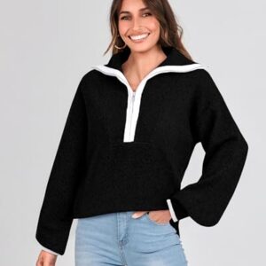 BTFBM Women's 2023 Fall Winter Half Zip Pullover Sweaters Casual V Neck Long Sleeve Ribbed Knit Loose Jumper Tops(Solid Black, Medium)