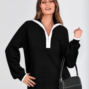 BTFBM Women's 2023 Fall Winter Half Zip Pullover Sweaters Casual V Neck Long Sleeve Ribbed Knit Loose Jumper Tops(Solid Black, Medium)