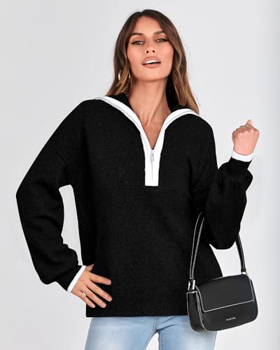 BTFBM Women's 2023 Fall Winter Half Zip Pullover Sweaters Casual V Neck Long Sleeve Ribbed Knit Loose Jumper Tops(Solid Black, Medium)