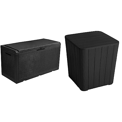 YITAHOME 100 Gallon Large Resin Deck Box Outdoor Storage (Black) & 11.5 Gallon Outdoor Side Table with Storage Small End Table for Coffee, Patio Decor,Cushions(Black)