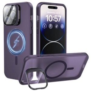 facbiny for iphone 14 pro max case with stand, compatible with magsafe, full camera cover protection with 9h hd tempered glass, military-grade protection, magnetic kickstand phone case, purple