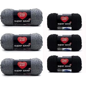 red heart super saver yarn, 3 pack, gray heather 3 count & super saver yarn, 3 pack, black 3 count