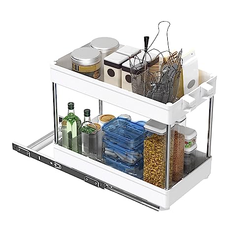 SZIPJAMP Under Sink Organizers and Storage 2 Tier Under Sink Organizer Drawer White Matte Portable Shelf Storage Shelf for Desktop Office Home