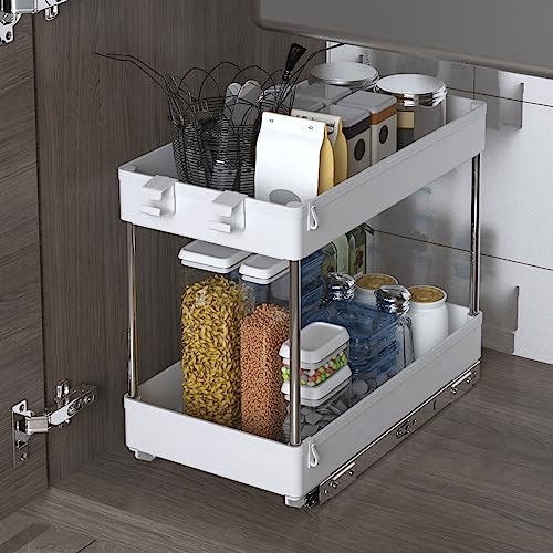 SZIPJAMP Under Sink Organizers and Storage 2 Tier Under Sink Organizer Drawer White Matte Portable Shelf Storage Shelf for Desktop Office Home