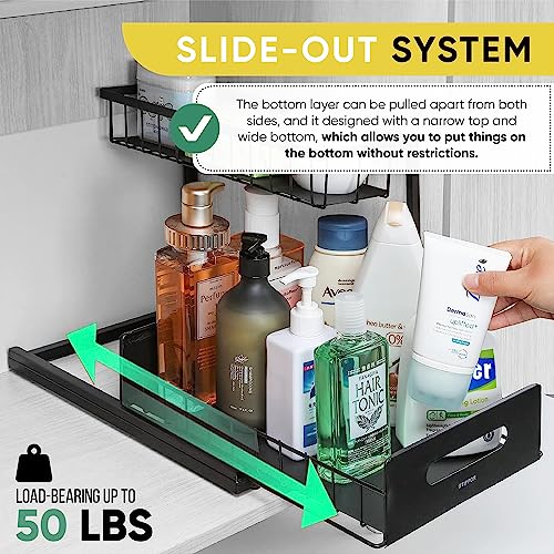 Under Sink Organizer,Metal Pull Out Kitchen Cabinet Organizer with Sliding Drawer,Sturdy Multi-Functional for Bathroom Organization,Black