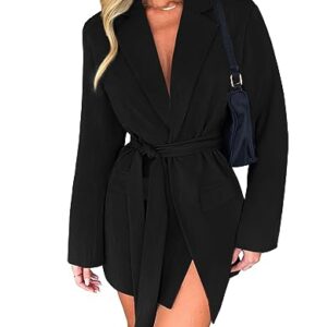 ZESICA Women's 2023 Blazers Long Sleeve Lapel Open Front Oversized Business Work Office Jackets Blazer with Belt,Black,Medium