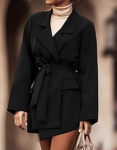 ZESICA Women's 2023 Blazers Long Sleeve Lapel Open Front Oversized Business Work Office Jackets Blazer with Belt,Black,Medium