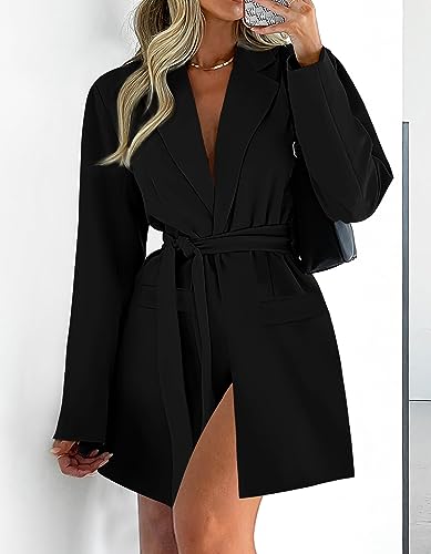 ZESICA Women's 2023 Blazers Long Sleeve Lapel Open Front Oversized Business Work Office Jackets Blazer with Belt,Black,Medium