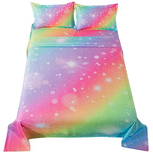 ADASMILE A & S Rainbow Fitted Sheet for Girls 4 Pieces Rainbow Sheets Full for Kids Tie Dye Pastel Glitter Rainbow Bed Sheet for Kids Teens Girls Rainbow Bedding for Girls Sheets with Sparkling Star