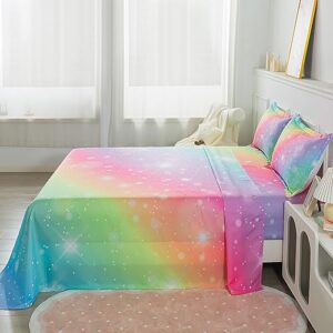 ADASMILE A & S Rainbow Fitted Sheet for Girls 4 Pieces Rainbow Sheets Full for Kids Tie Dye Pastel Glitter Rainbow Bed Sheet for Kids Teens Girls Rainbow Bedding for Girls Sheets with Sparkling Star